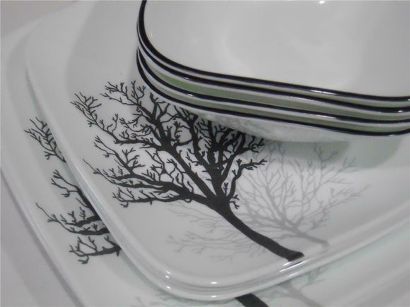 CORELLE Square TIMBER SHADOW 12-pc DINNERWARE SET *Black Grey Leafless Branches