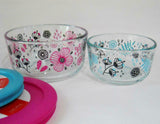 NEW Pyrex ANSA FLORAL 1 & 2 Cup STORAGE BOWLS Pink Turquoise Blue Nordic Blooms