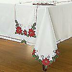 Christmas POINSETTIA & HOLLY TABLE RUNNER 13x72 Ivory Satiny Laser Cut Outs *NEW