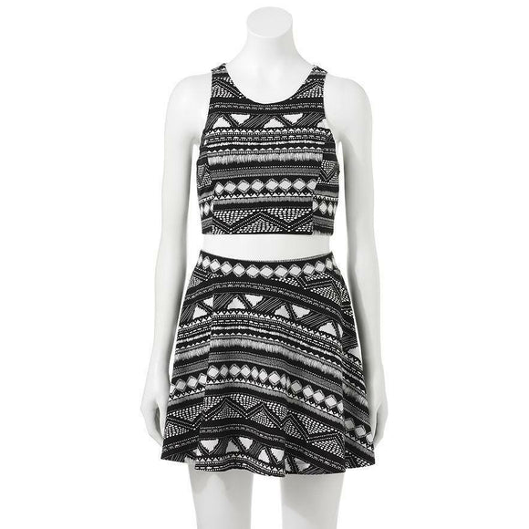 2-pc Aztec Big Inky Black White TANK TOP & SKATER SKIRT SET *Cool Summer Outfit