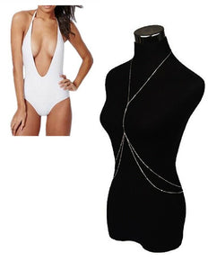 6 - 8 WHITE 1-pc Deep V Neck, Backless Swimsuit Bathing Suit w/Silver Body Chain