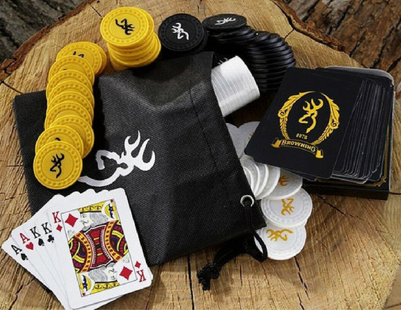 BROWNING Buckmark TRAVEL POKER SET in Pouch w/ White Gold Black CHIPS CARDS *New