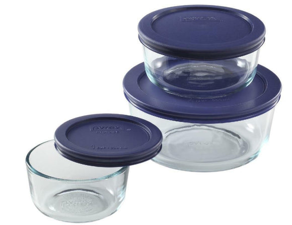 6-pc Pyrex Simply Store GLASS STORAGE SET 4, 2, 1 Cup ROUND BLUE Covers Valu-Pak