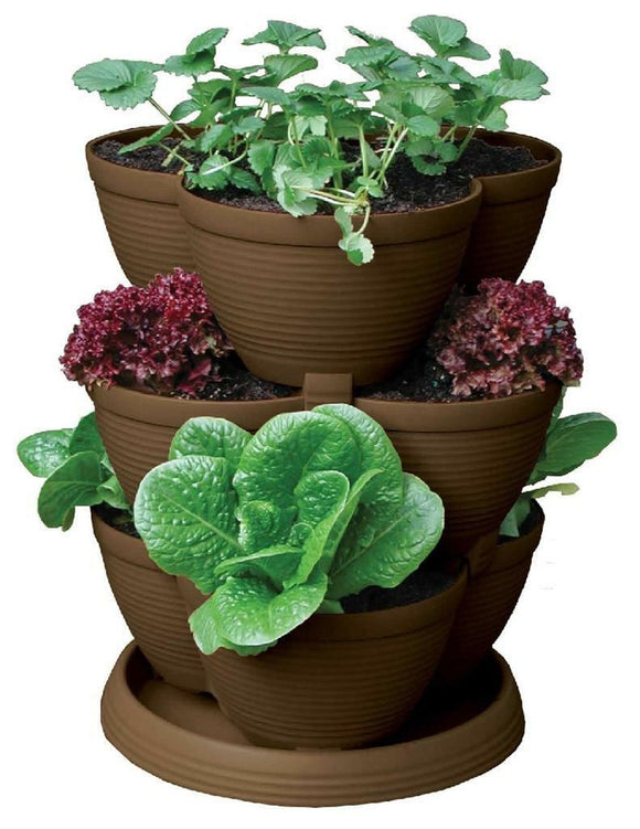 30-Qt STACK-A-POT Tiered Stackable Planter Pots BROWN Flowers Herbs Strawberries