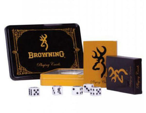 BROWNING Buckmark 2 DECK CARDS & 5 DIE DICE in GAME TIN Black Gold *NEW
