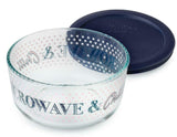Pyrex MICROWAVE & CHILL 4 Cup STORAGE BOWL Hot Cold Foods Dark Blue Pink Dots