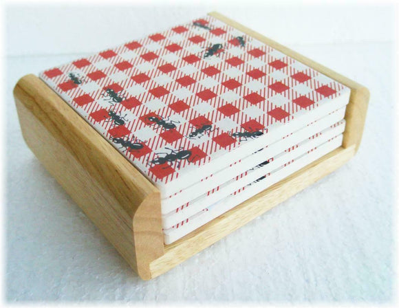 5-pc STONEWARE Drink COASTER Set & WOOD Caddy PICNIC GUESTS Ants BBQ RED Gingham