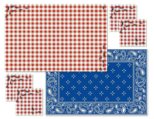 9-pc PICNIC GUESTS PLACEMAT & Stoneware COASTER Set & Caddy ANTS BBQ RED Gingham