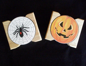 HALLOWEEN Stoneware COASTERS SPOOKY SPIDER w/Wooden Caddy *Only Spider Left!