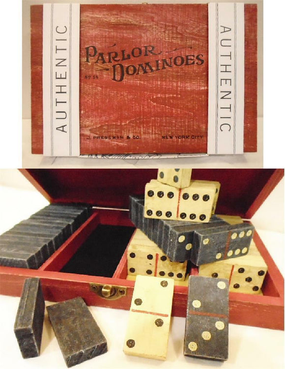 PARLOR DOMINOS 56 Hand-Cut HARDWOOD Double-Six / Antique RED Washed Wood Box