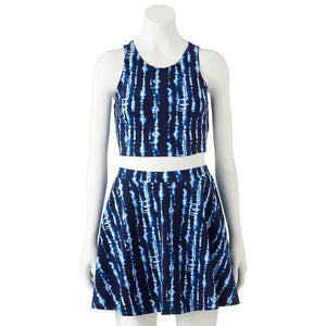 2-pc Aztec Tye Tie Dye Blue White TANK TOP & SKATER SKIRT SET Cool Summer Outfit