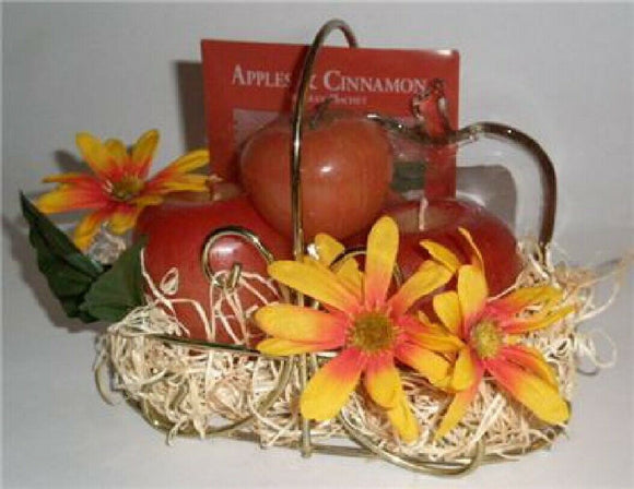 Autumn Harvest APPLES & CINNAMON Glass Burning Plate, Brass Basket, Sachet Gift