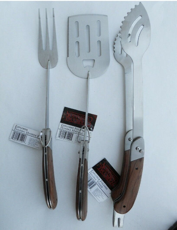 3-pc Charcoal Companion Rosewood FOLDING BBQ GRILL UTENSILS *SPATULA FORK TONGS