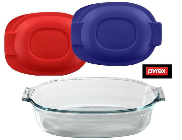 Pyrex 2.5-Qt OVAL Glass Bakeware ROASTER DISH Roasting PAN *w/Cover BLUE or RED