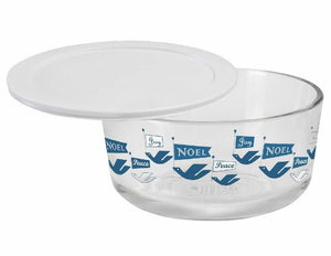 PYREX 4 Cup PEACE ~ JOY ~ NOEL 4 Cup Glass Storage Bowl BLUE WHITE Holiday DOVES