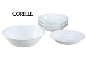 5-pc Corelle WINTER FROST WHITE Snack Set 2-Qt SERVING & 20-oz PASTA Soup BOWLS