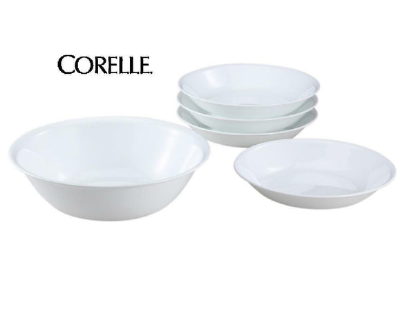 5-pc Corelle WINTER FROST WHITE Snack Set 2-Qt SERVING & 20-oz PASTA Soup BOWLS