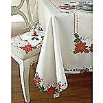 Christmas POINSETTIA & HOLLY TABLE CLOTH 60x84 Ivory Satiny Cutout