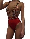 Sz 8 Deep V Neck 1-pc High-Waist Monokini Swimsuit Bathing Suit RED or KHAKI