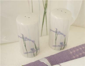 ❤️ Corelle Shadow Iris SALT & PEPPER SHAKERS Porcelain Purple Floral