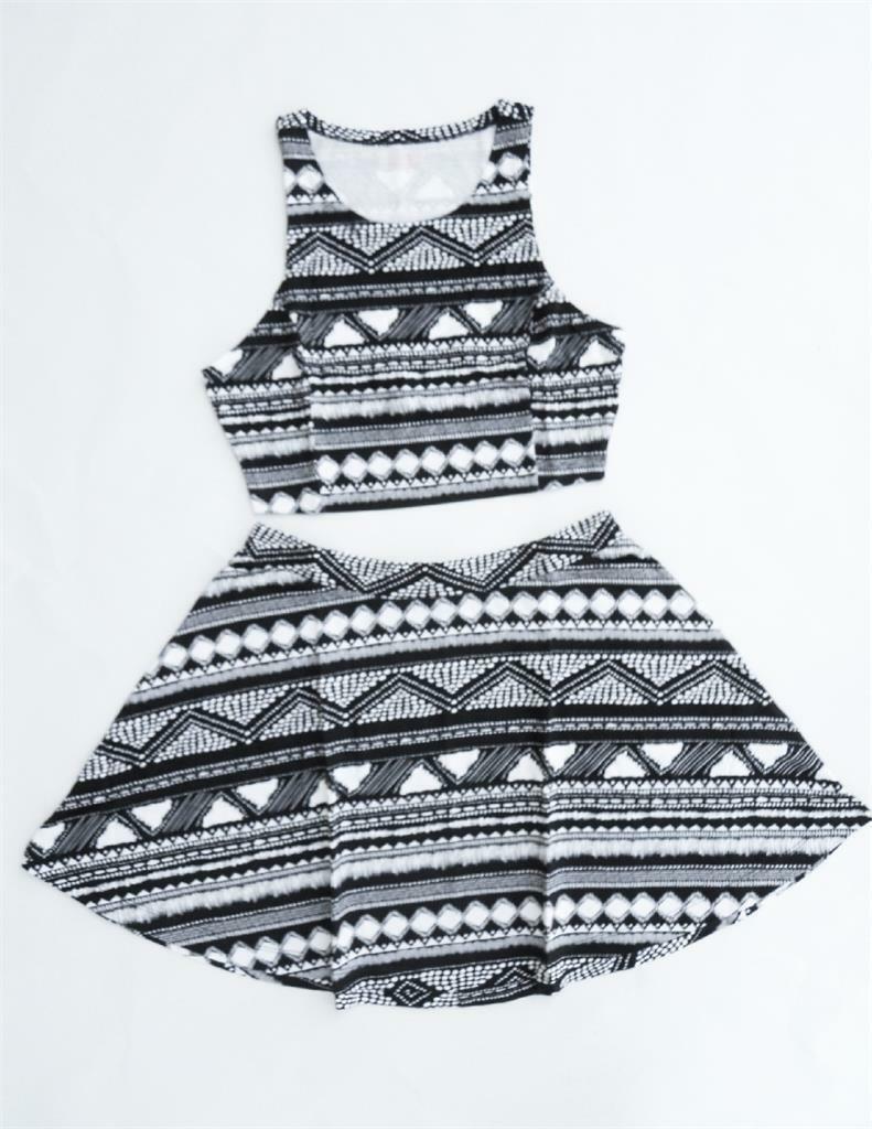 2-pc Aztec Big Inky Black White TANK TOP & SKATER SKIRT SET *Cool Summer Outfit
