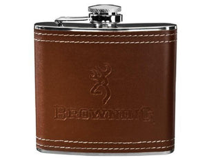 BROWNING Buckmark BROWN LEATHER 6-oz FLASK Polished Stainless Steel Pocket *NEW