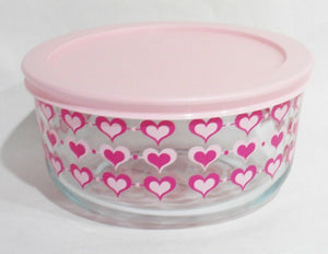 PYREX 4 Cup SMITTEN LOVE Valentine STORAGE BOWL 3-Rows Pink Red Inlaid Hearts