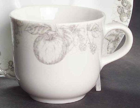 Corelle ANTIQUE LINEN 6-oz Coffee CUP Grey Fruit Botanical Sketches Cracking NEW