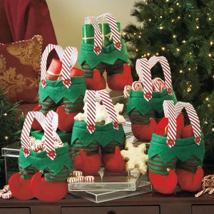 4 Christmas Holiday ELF SUSPENDER Felt PANTS w/JINGLE BELL Feet GIFT TREAT BAGS