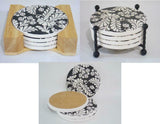 5-pc DAMASK Black White Stoneware COASTER SET w/Choice of HOLDER *Metal or Wood