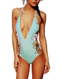 Sz 8 TURQUOISE or BLACK Floral Leaves 1-pc Deep V Neck Backless Peplum Swimsuit