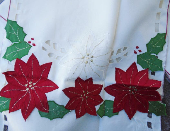 Christmas POINSETTIA & HOLLY TABLE RUNNER 13x72 Ivory Satiny Laser Cut Outs *NEW