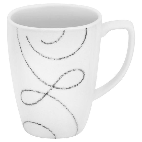 Corelle Square ENDLESS THREAD 12-oz Porcelain MUG CUP *Black Frilly Linear Motif