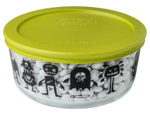 Pyrex Halloween MONSTERS & PUMPKINS 4 Cup Storage Bowl & GREEN Cover Scary Creep
