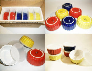 6-pk COVERED RAMEKIN SET 5.5-oz Ribbed Stoneware 2/3 Cup RED YELLOW BLUE WHITE