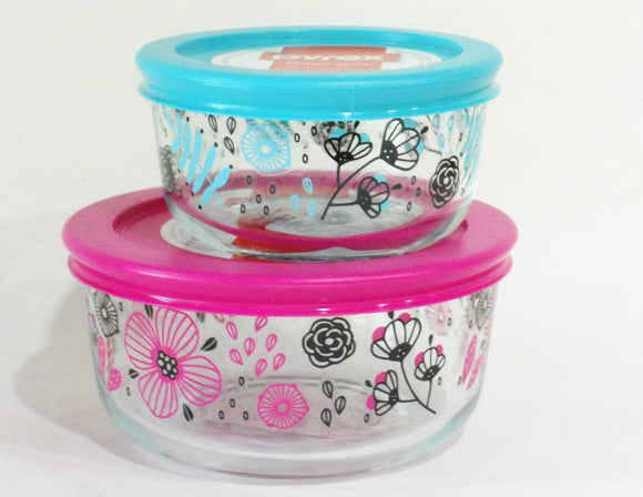 NEW Pyrex ANSA FLORAL 1 & 2 Cup STORAGE BOWLS Pink Turquoise Blue Nordic Blooms