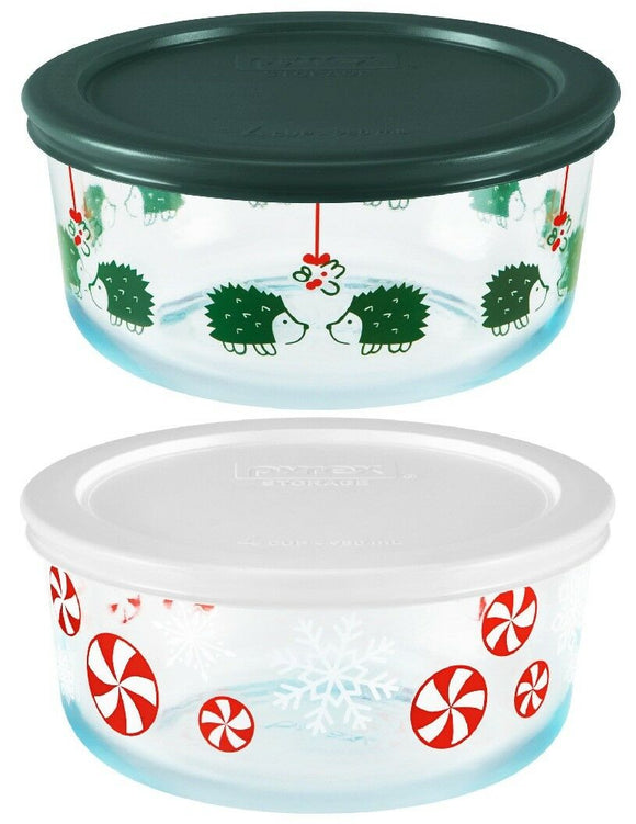 Pyrex 4 Cup CHRISTMAS Green Hedgehogs Under Mistletoe OR Red Peppermint Candy