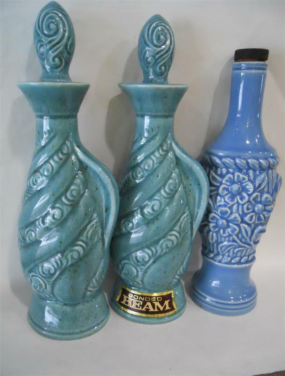 3 Jim Beam Whiskey DECANTERS Regal China TURQUOISE SWIRL & BLUE DAISY Bottles