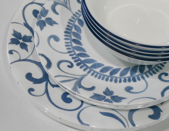 ❤️ 12-pc Corelle ARTEMIS DINNERWARE SET Plates Bowls *Cool Blue Floral Tendrils