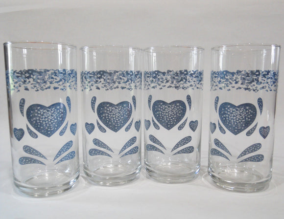 ❤️ NEW 4 Corelle BLUE HEARTS 16-oz Tumbler GLASSES Cooler Iced Tea Drinkware