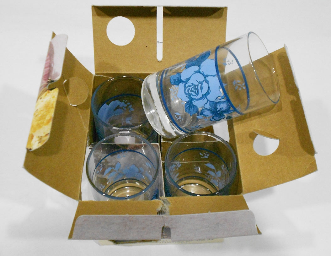 ️ 4 Corelle BLUE VELVET ROSES 7-oz JUICE GLASSES Glassware Weighted B ...
