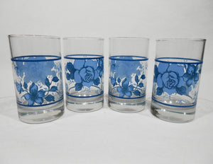 ❤️ 4 Corelle BLUE VELVET ROSES 7-oz JUICE GLASSES Glassware Weighted Bottoms "Crisa"