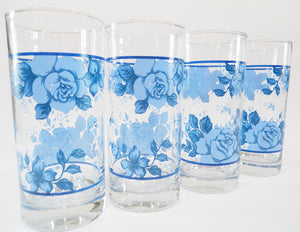 4 *NEW Corelle BLUE VELVET 16-oz GLASSES Glassware Cooler Tumblers FLORAL ROSES