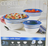 ❤️ NEW 3-pc Corelle CLASSIC CAFE BLUE Stoneware MIXING & SERVING BOWL SET
