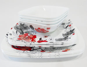 ❤️ 12-pc Corelle CHELSEA ROSE Square DINNERWARE SET *Red Black Grey Floral