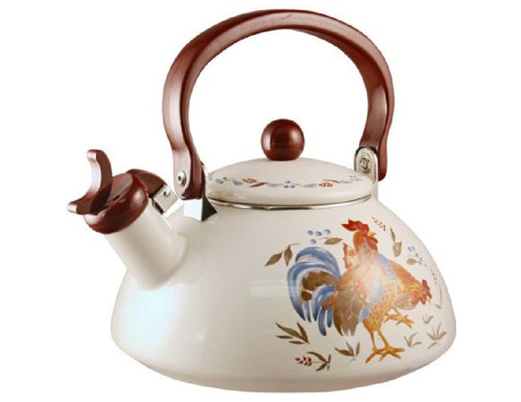 Corelle COUNTRY MORNING Rooster 2.2 Qt. WHISTLING TEA KETTLE Porcelain on Steel