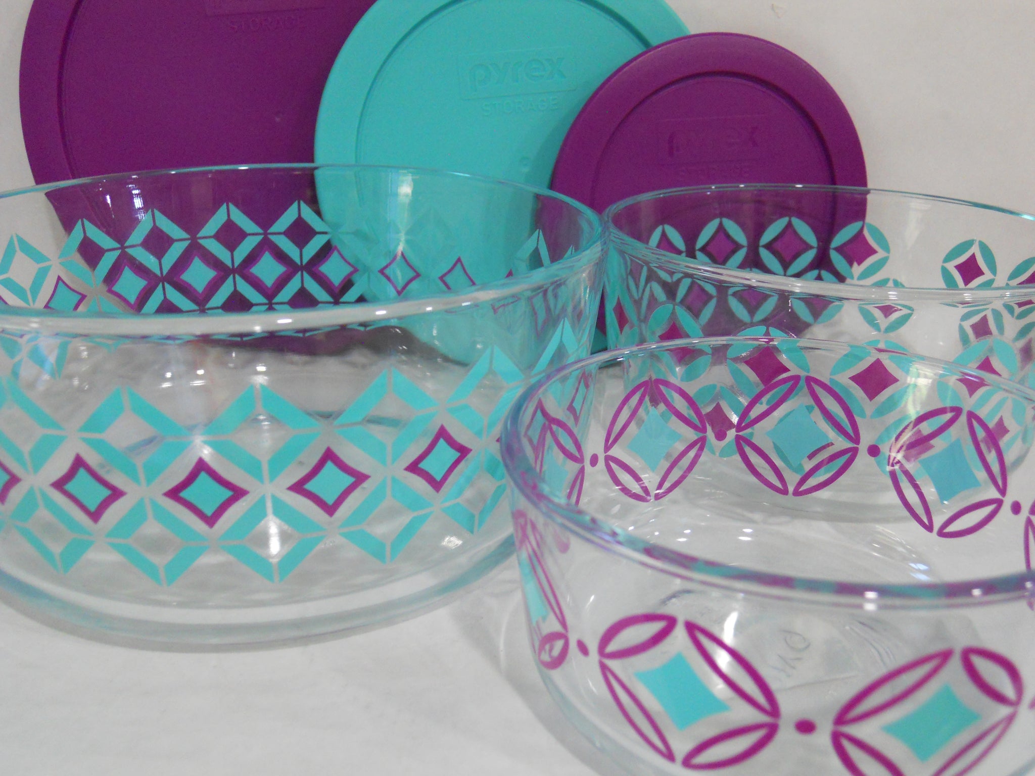 3 Clear Pyrex Glass Food Storage Bowls & Lids 2 Cup 4 Cup 7 Cup