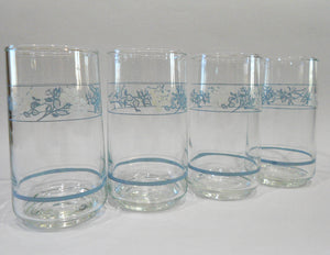 4 Corelle FIRST OF SPRING 10-oz GLASSES 4 3/4 Tumblers White Blue Floral Blossom