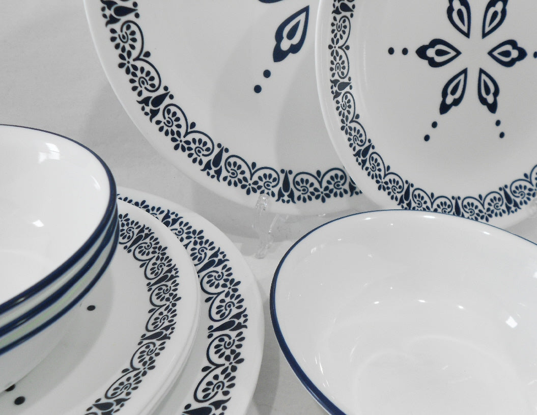 NEW 12 pc Corelle FLORENTIA Dinnerware Set Navy Blue Snowflake Star of David