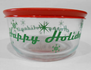 PYREX 4 CUP Storage Bowl HAPPY HOLIDAYS 1-Qt Christmas RED Cover GREEN Snowflake